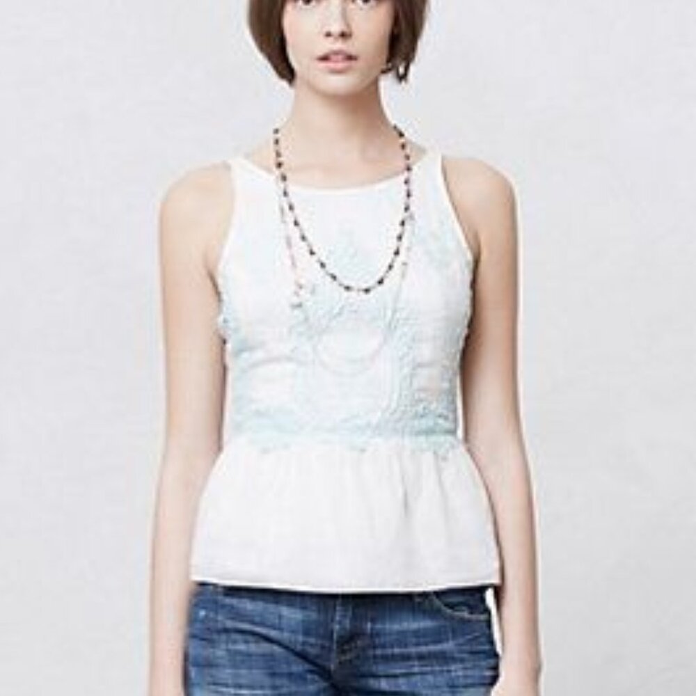 ANTHROPOLOGIE Eyelet Peplum Top Sleeveless Embroidered Blouse White Turquoise